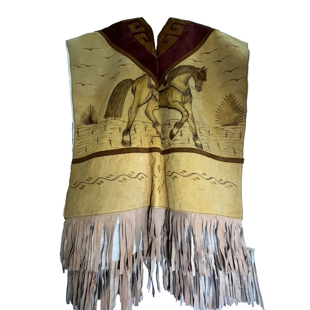 Hand Stamped Traditional Mexican Leather OS Poncho Western Southwest Fringe